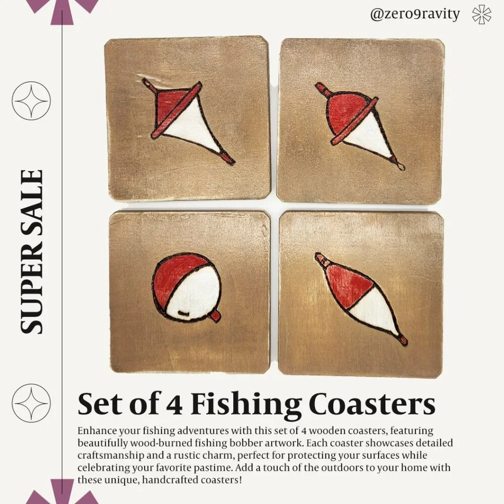 Set of 4 hand-crafted Fishing Bobber themed coasters, bar top, wine glass, dad